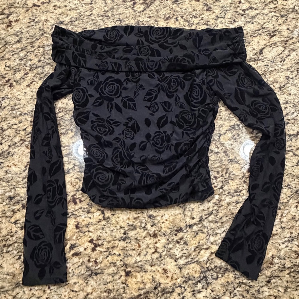 NEW Wild Fable Black Flocked Velvet Rose Mesh Off Shoulder Ruched Top M v